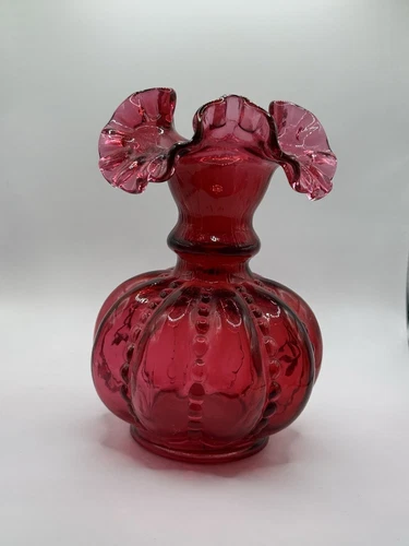 Fenton Art Glass Vintage Cranberry Melon Beaded Ruffled Small Vase