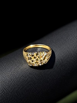 10K Yellow Gold Nugget Square Mens  Ring =Size 9