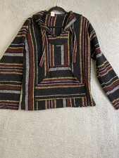 Baja Hoodie Pullover Mens Large Striped Mexican Drug Rug Sweater Hippie Festival