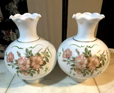 Milk Glass HURRICANE OIL-TABLE LAMP SHADE (2ea ) Hand Painted Floral 9"