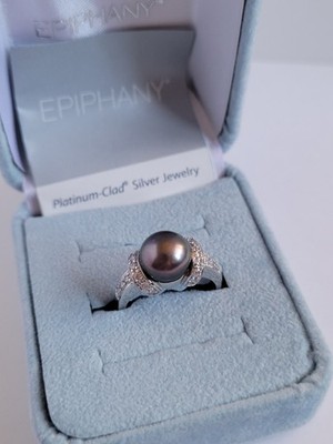 QVC Epiphanie Ring Platin plattiert Diamonique Sterlingsilber schwarze Zuchtperlen