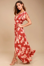 Lulus red and cream floral wrap dress