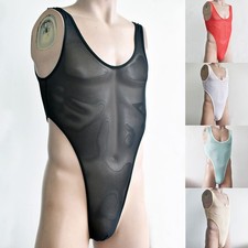 Mens High Elastic See Through Thong Undershirt Bodysuit Nightclub Jumpsuit