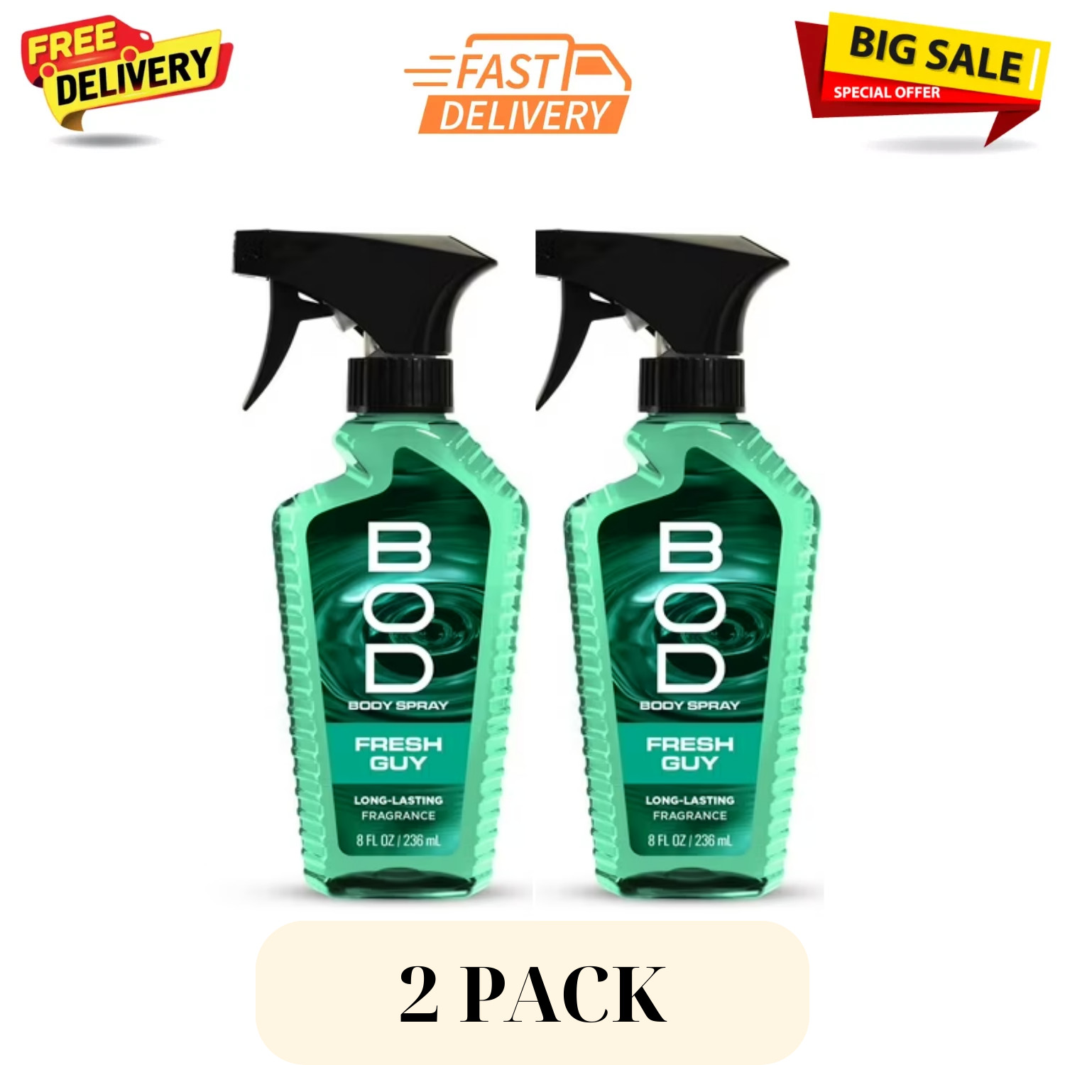 (2 Pack) BOD Man Fragrance Body Spray, Fresh Guy, 8 fl oz, Free Shipping