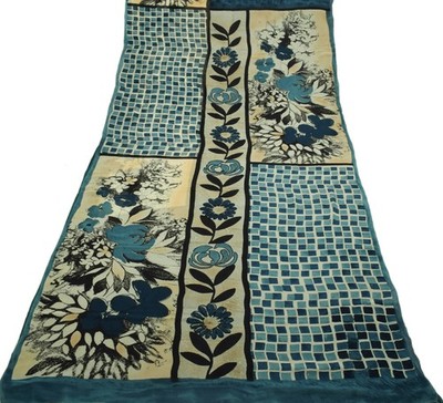 Sushila Vintage Blue Saree 100% Pure Georgette Silk Printed Floral Craft Fabric