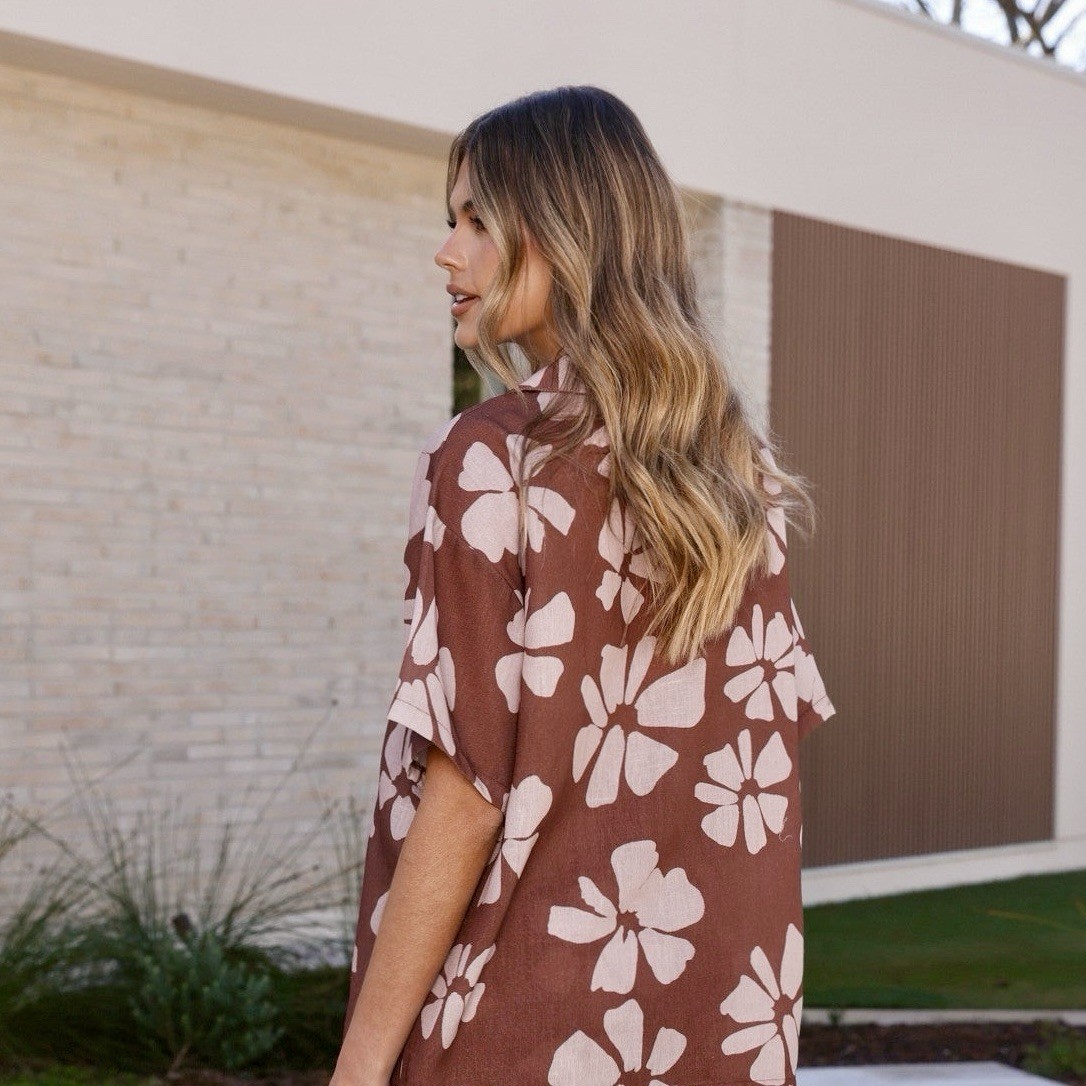 Billy J Bailin Linen Playsuit AU 14 / US 10 / XL Romper Brown Floral Belted NWT image 3