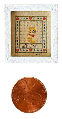 Miniature Dollhouse Cat Picture Le Chat Faux Cross Stitch Wood Frame 1-1/8'' x 1''