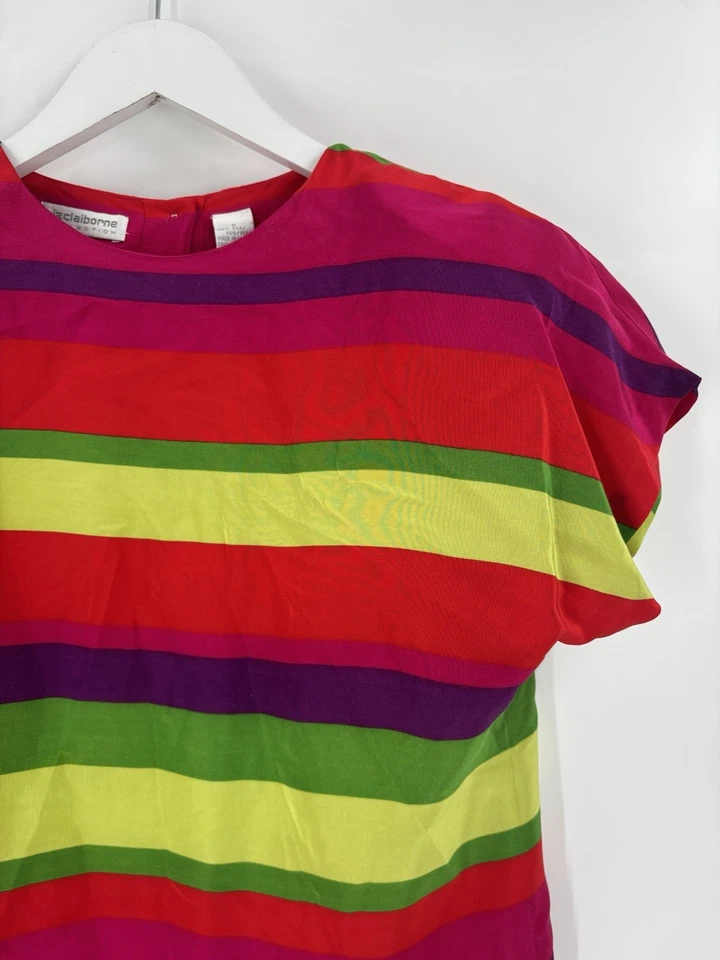 Blusa Liz Claiborne Vintage Feminina 6 Listrada Amarela Vermelha 100% Seda Botão Traseiro - Imagem 2 de 4