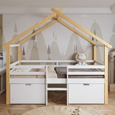 Wooden House Bed with Storage Drawers for Kids 3 FT Single Tree House Canopy Bed