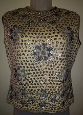 Vintage 60s Heavily Beaded Silver Sequins Cream Knit Top Viva Vegas Rockabilly M
