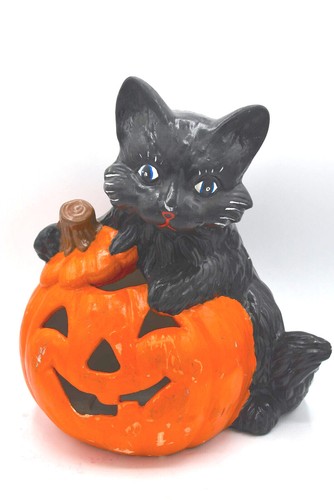 Lampada statua spettrale vintage ceramica Halloween gatto nero zucca Jack O lanterna - Foto 1 di 5