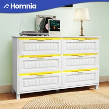 Chest of 6 Wood Drawers Dresser White Tall Robust LED Lights & Charging Dock