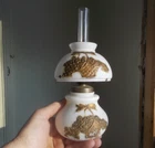 1890s MILKGLASS FLOWER BASKET EMB MINIATURE OIL LAMP W/ORIGINAL MATCHING SHADE