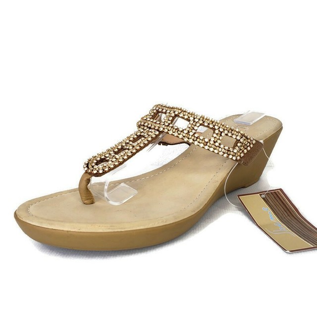 $130 SKEMO Tan Rhinestone Jeweled Slide Thong Wedge Sandals Womens Size 10 M US | eBay