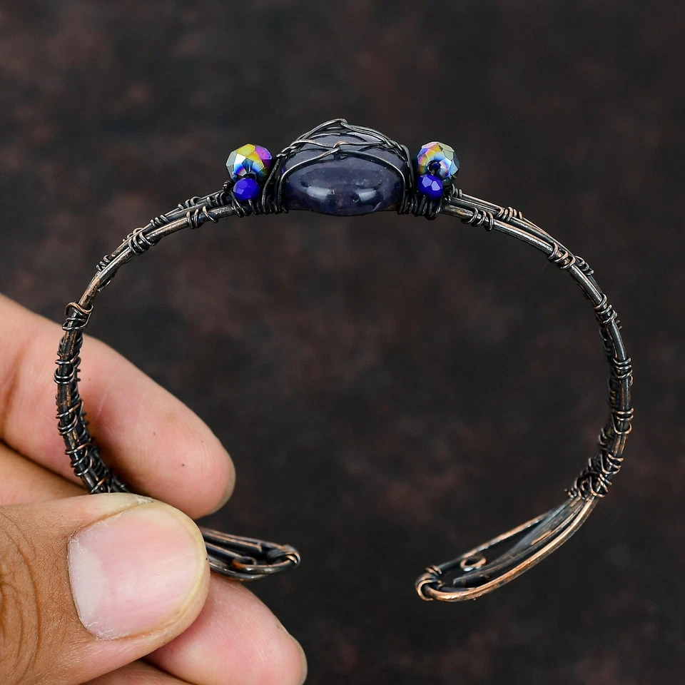 Brazalete ajustable envuelto en alambre de regalo para mamá cobre piedras preciosas piedras solares de iolita Foto 3 de 4