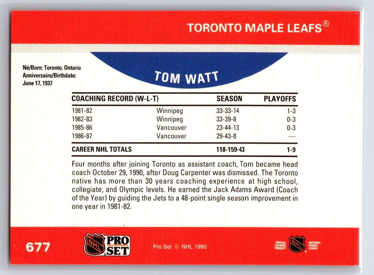 1990-91 Pro Set Tom Watt Toronto Maple Leafs #677 | eBay 1990-91 Pro Set Tom Watt Toronto Maple Leafs #677 | eBay