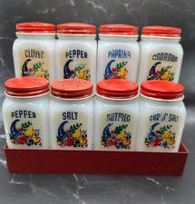Vintage Milk Glass Spice Jars, set of (8) Red Metal Lids & Stand