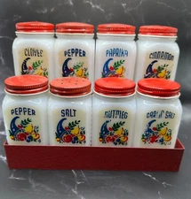 Vintage Milk Glass Spice Jars, set of (8) Red Metal Lids & Stand