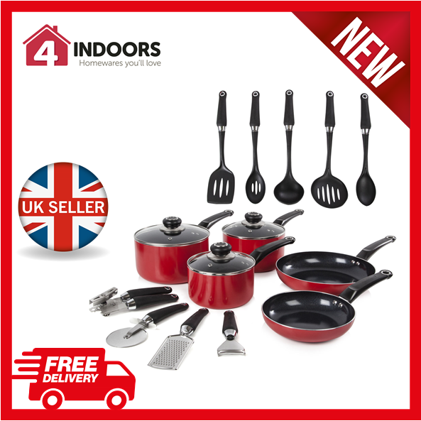 Morphy Richards Equip 5pc Red Saucepans Frying Pan 9pc Cooking Utensils