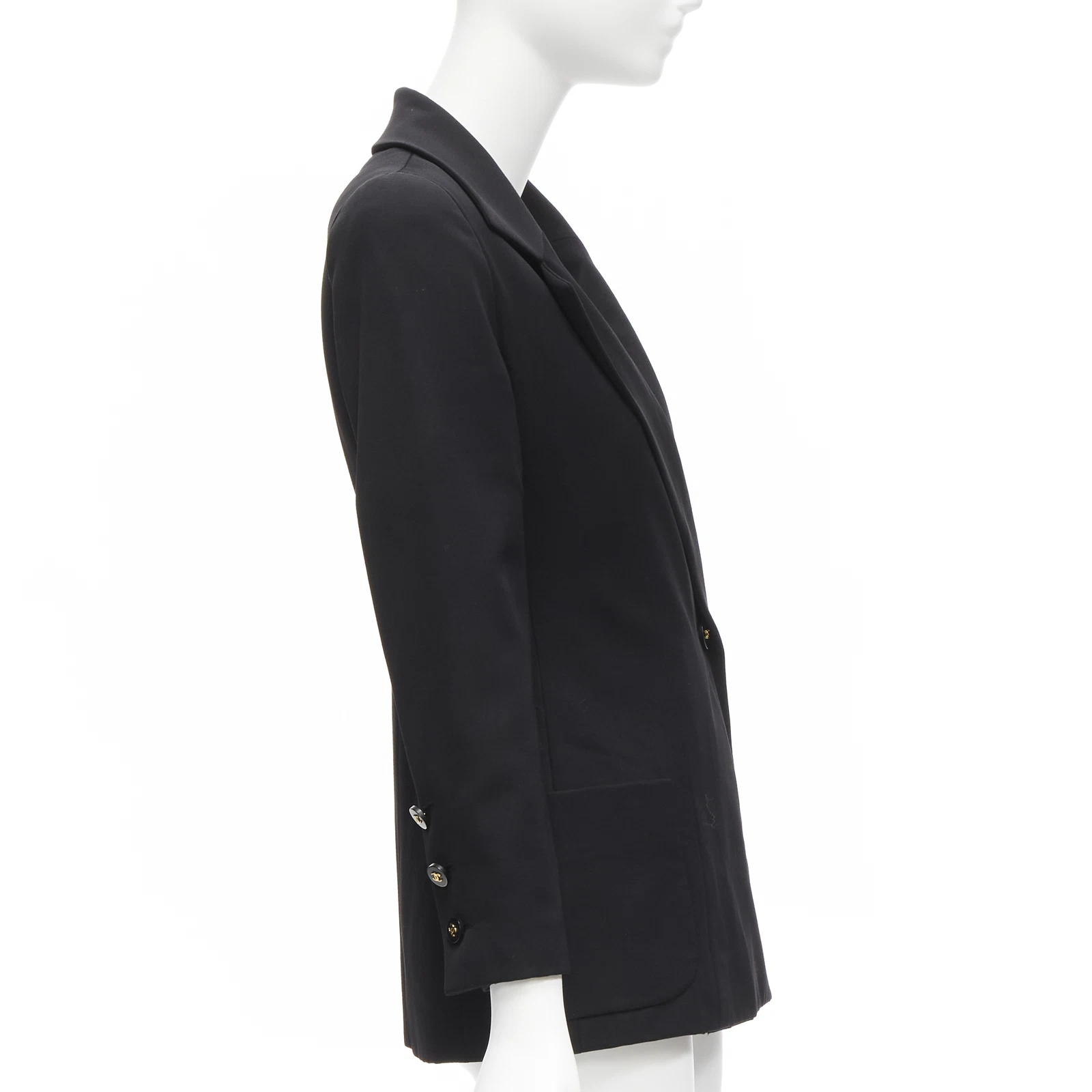 Blazer CHANEL 94A vintage nero lana oro bottoni CC fodera monogramma FR34 XS