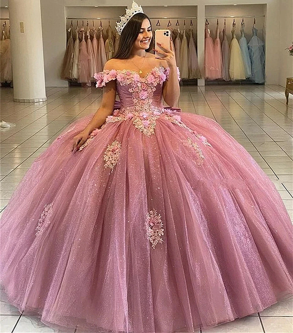 Charming Off The Shoulder Quinceanera Dresses Pink 3D Flowers Sweet 16 Ball  Gown