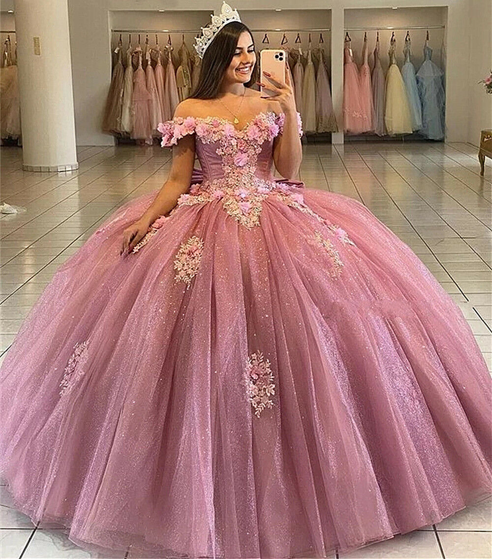 Charming Off The Shoulder Quinceanera Dresses Pink 3D Flowers Sweet 16 Ball Gown