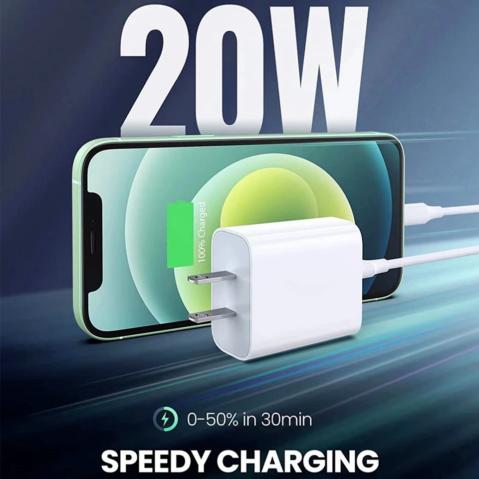 Lote de bloque adaptador de corriente USB-C cable cargador rápido PD para iPhone 14 13 12 11Pro 20W Foto 3 de 4