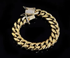 6MM-14MM Gold Plated CZ Clasp Stainless Steel Miami Cuban Link Bracelet for Men