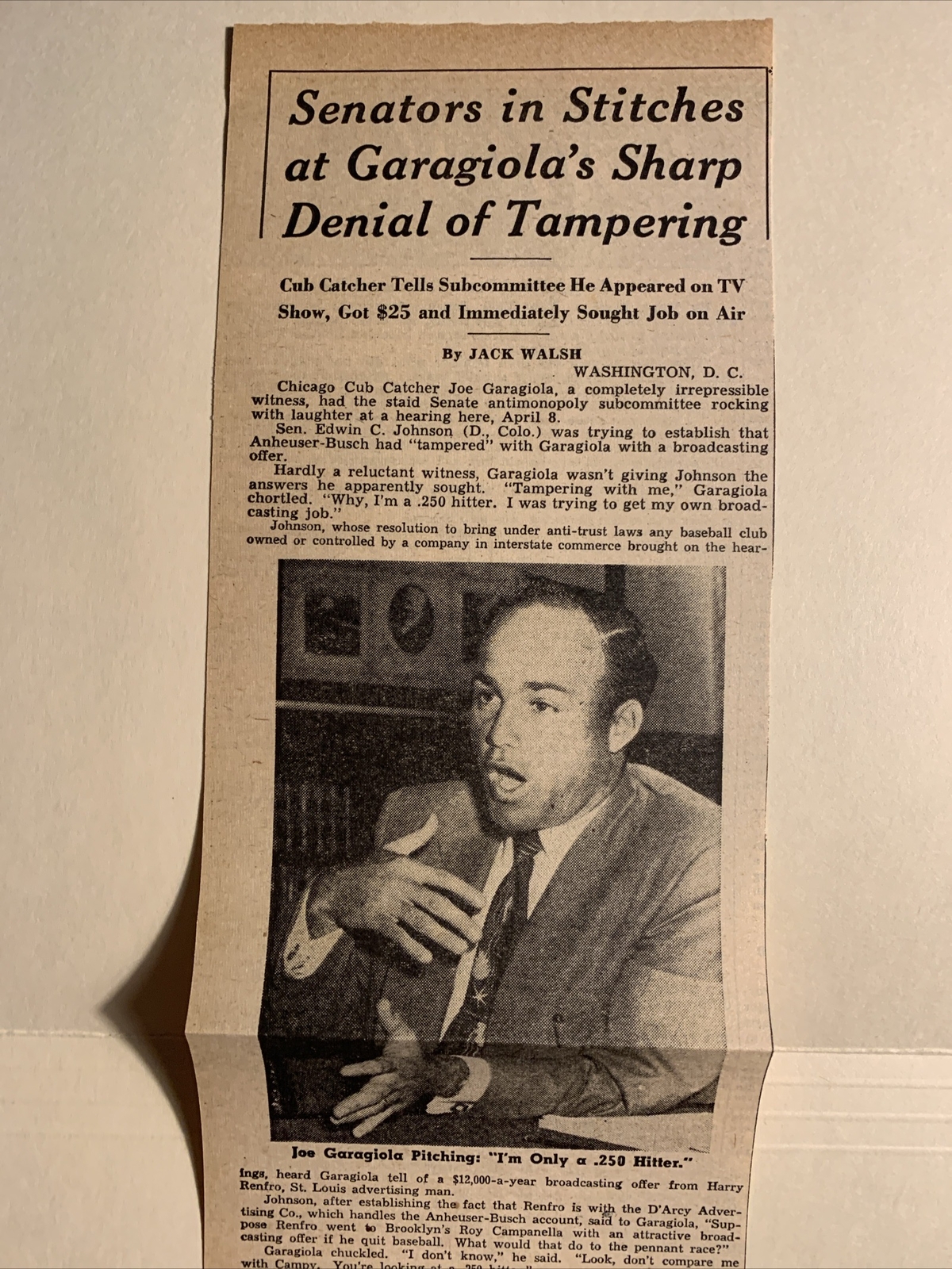 Joe Garagiola Chicago Cubs Tampering 1954 Sporting News Baseball 4X16