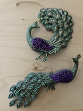 Kurt S Adler Peacock Teal  Purple Glitter 7" Christmas Ornament Set Of 2