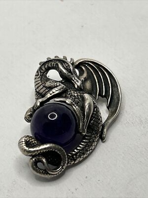 Vintage AICC 925 Dragon Holding Amethyst Sphere Pendant 96