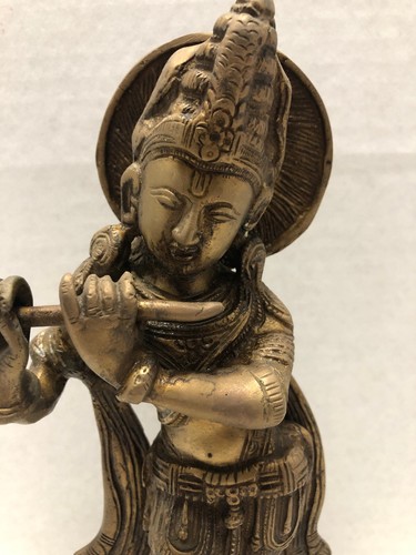 Fluting Lord Krishna Brass Sculpture Hand Crafted From India 10 3/4” Vintage - Picture 3 of 12
