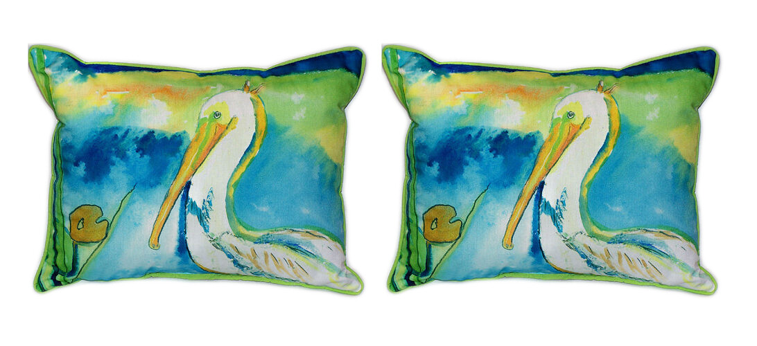 Pair of Betsy Drake `White Pelican` Indoor Outdoor Pillows 16 In. X 20 In.
