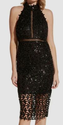 $295 Bardot Women's Black Sequin Sheer Sleeveless Halter Bodycon