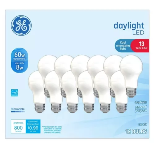 GE LED Light Bulbs, 60 Watt, Daylight, A19 Bulbs, Medium Base, Dimmable(12 pack)