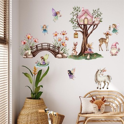 Flower Fairy Elf Tree Wall Decals Garden Safari Animals Stickers Peel and Sti...