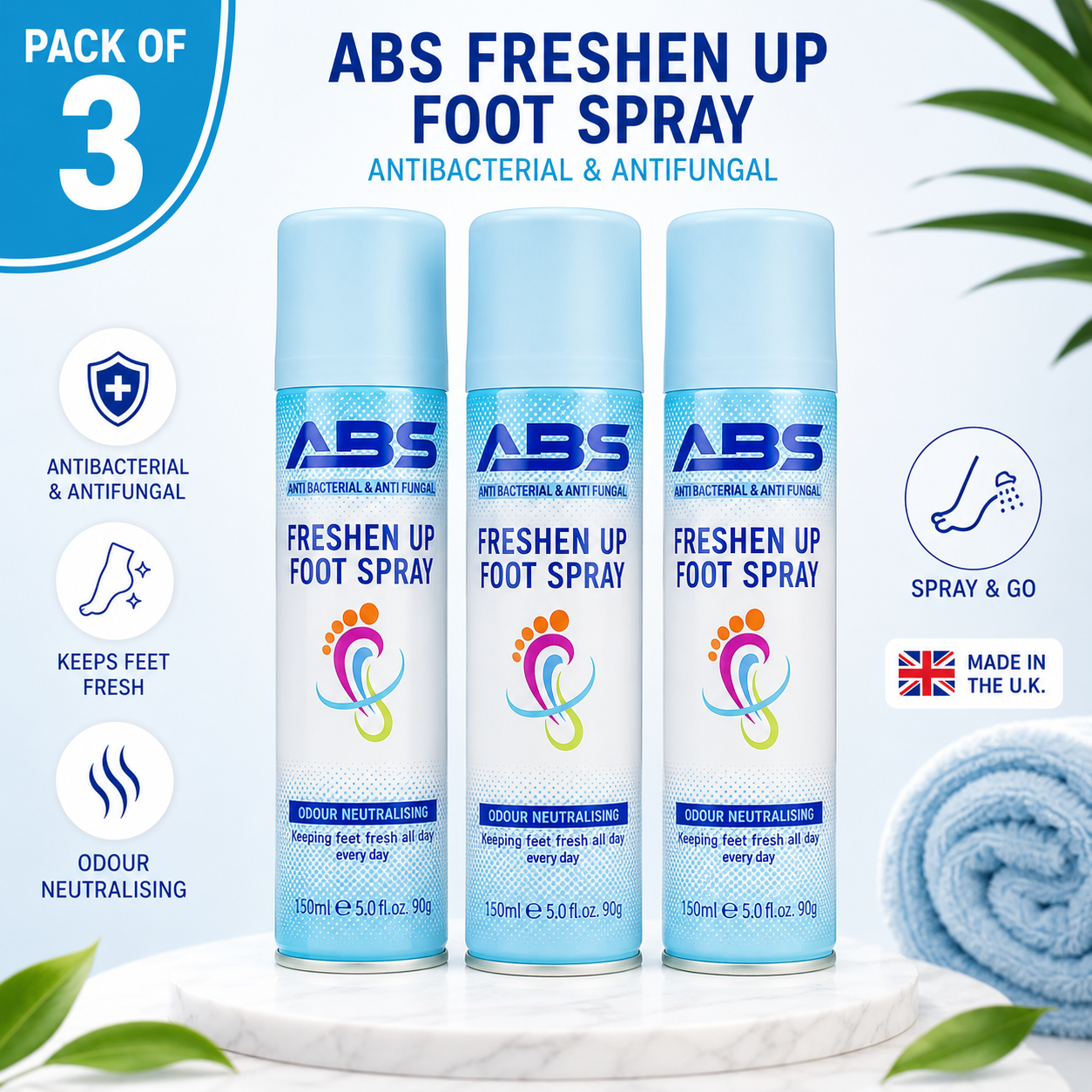 ABS Freshen Up Foot Spray 3 x 150ml Antibacterial Antifungal Deodorant