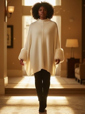 Ruby Rd Petite PS PM Ivory Poncho Sweater Faux Fur Cuffs Mock Neck Winter White
