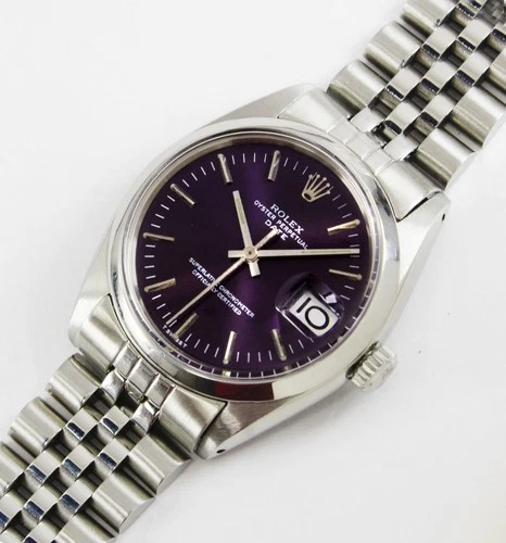Vintage Rolex Oyster Perpetual Date Purple Dial 34mm Men Steel Watch Ref 1500