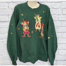Vintage Jerzees Crewneck Christmas Sweatshirt Size XL Green Puffy Paint Angels