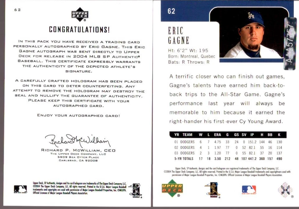 Eric Gagne 2004 SP Auténtico #62 Juego Fechado Recompra Autógrafo Automático #1/1 con Certificado de Autenticidad Foto 4 de 4