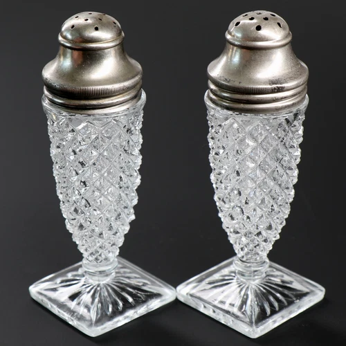 Depression Era Miss America Crystal Footed Salt & Pepper Shaker Set 4 1/4" Tall