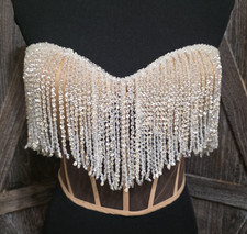 Sparkle Rhinestone Fringe Bustier Crop Top Beige White Bling Corset XS-Med NWOT