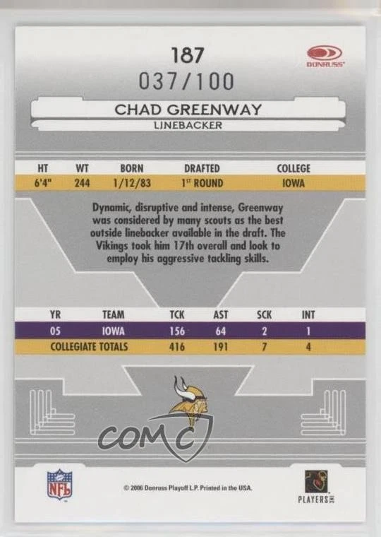 2006 Leaf Certified Materials New Generation Mirror Red Chad Greenway Rookie RC - Image 2 of 2