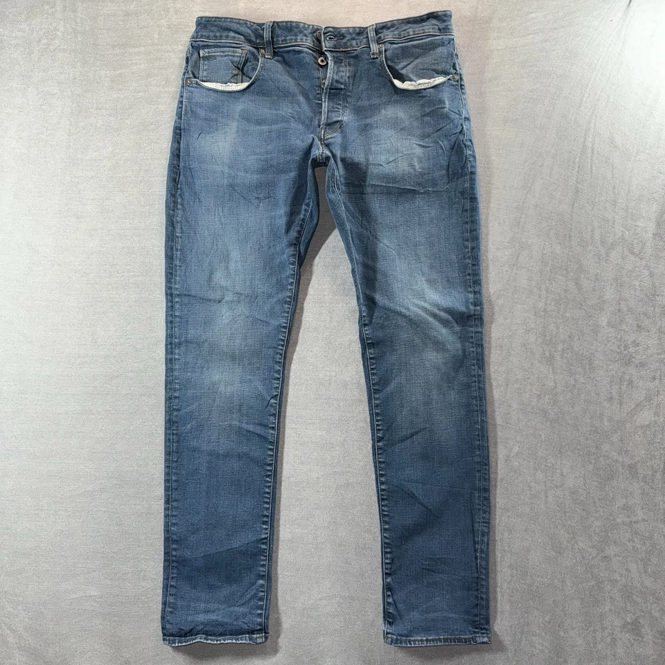 Pantalones de mezclilla G STAR Raw para hombre 36x32 azul 3301 ajustados rectos elásticos botones mosca usados en excelente estado Foto 2 de 4