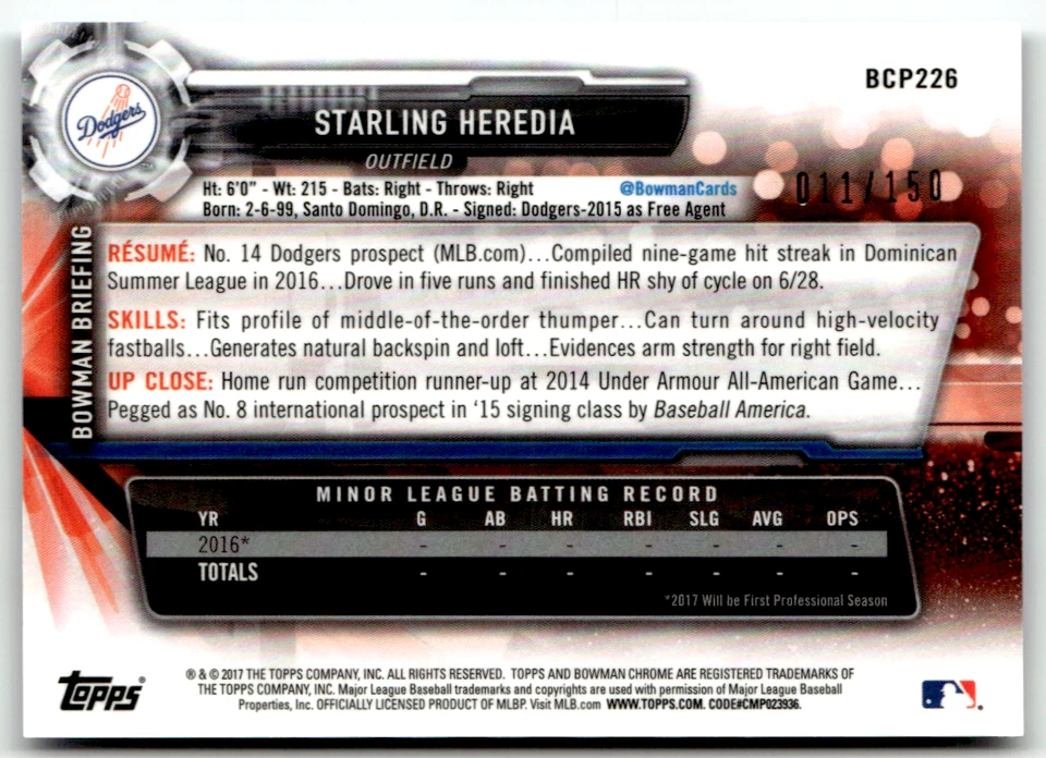 2017 Topps Bowman Chrome MLB No. BCP226 Starling Heredia Blu Shimmer 11/150 - Immagine 2 di 2