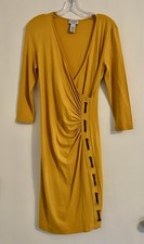 CARMEN BY Carmen Marc Valvo Mustard Yellow Ruched Dress with Laced Leather, S