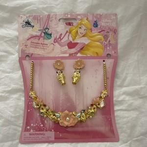 Disney Princess Aurora Jewelry Set Necklace Earrings Gold Pink Nickel-Free