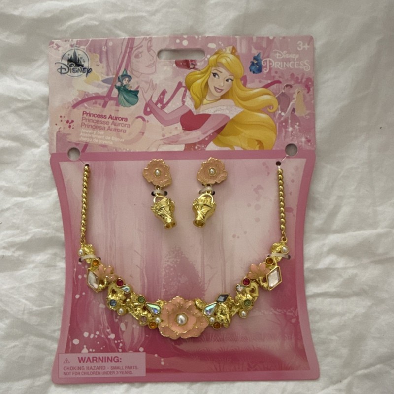 Disney Princess Aurora Jewelry Set Necklace Earrings Gold Pink Nickel-Free