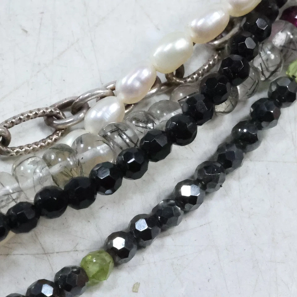 Sterling Silver 5-Stand Necklace Art Glass w/ Turquoise, Genuine Cultured Pearl - Image 4 of 4